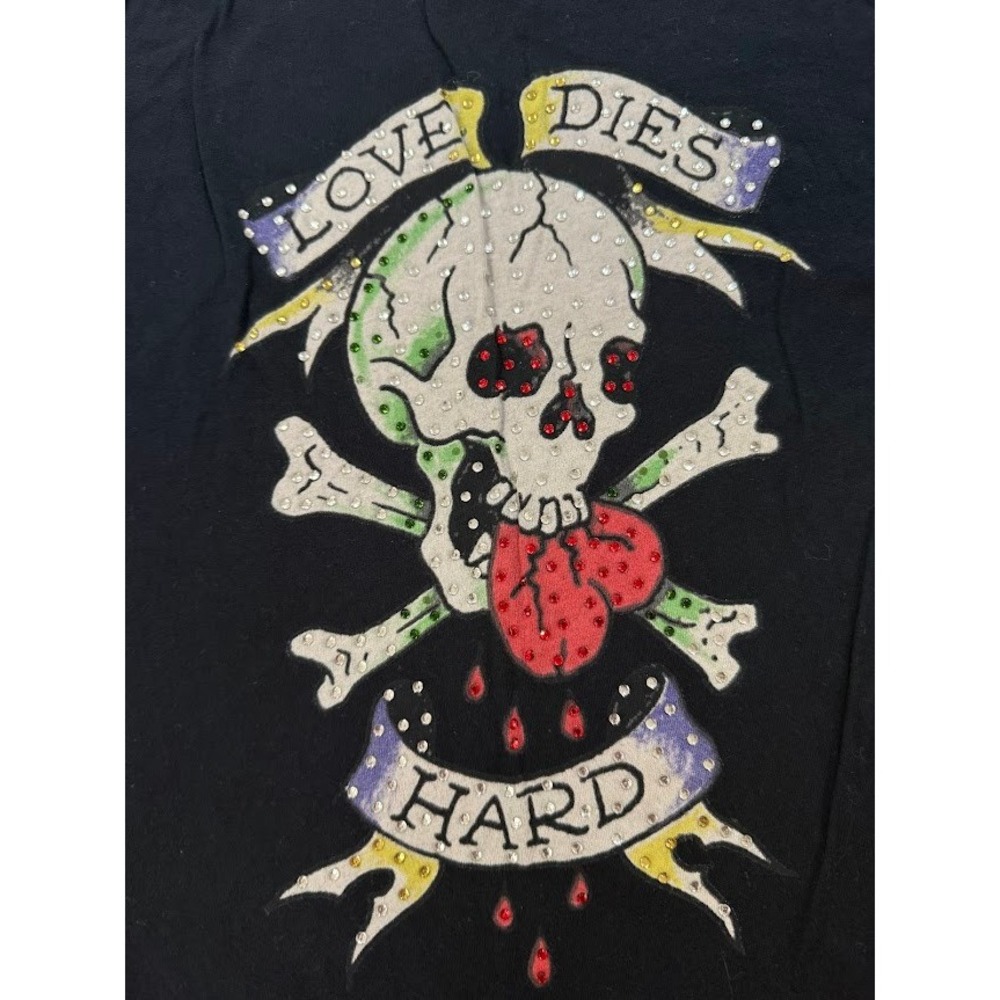Ed Hardy Love Dies Hard Skull Heart Tattoo Graphic Black Tee Womens‎ M USA Y2K. - Picture 2 of 8